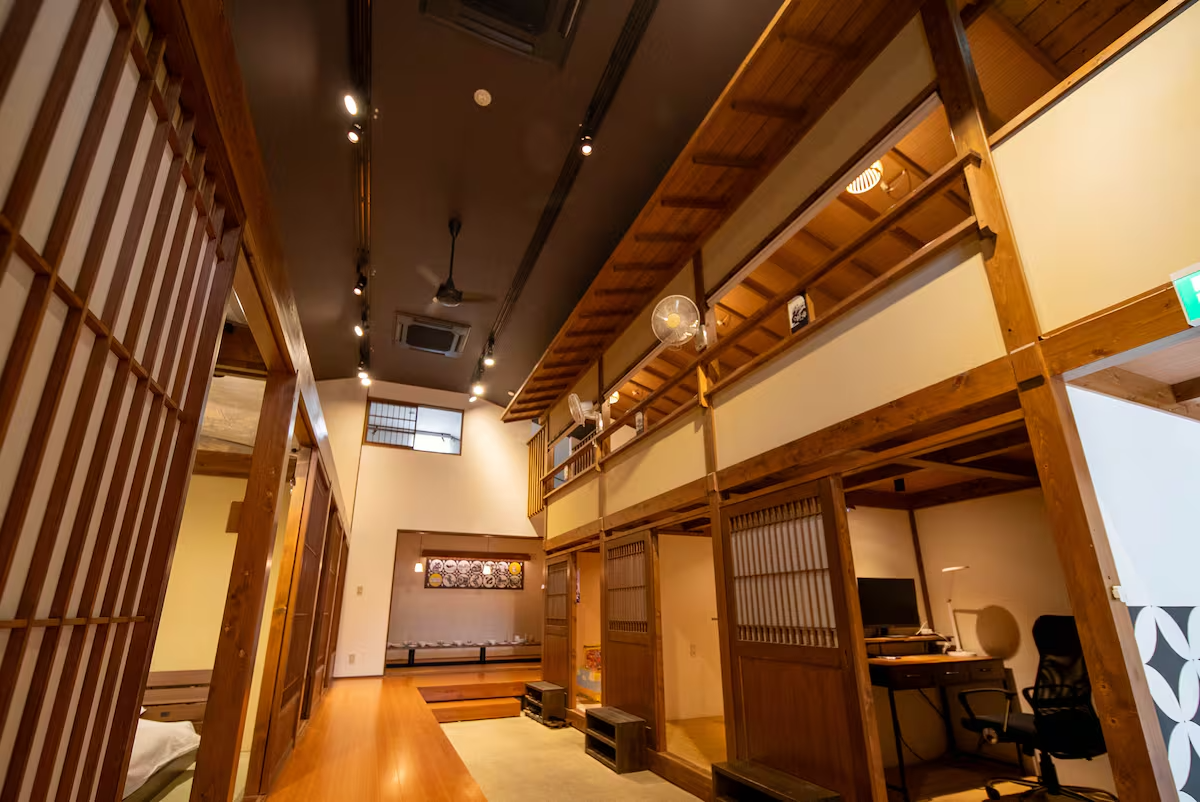 lofted common space with cozy pods